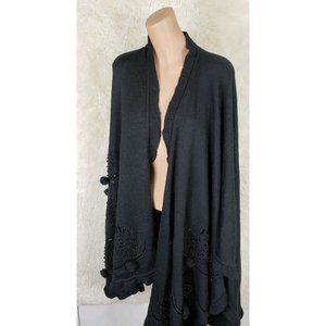 Ivana Trump One Size Wool Cape Sequin Embroidered Pom Pom Black Open Front F